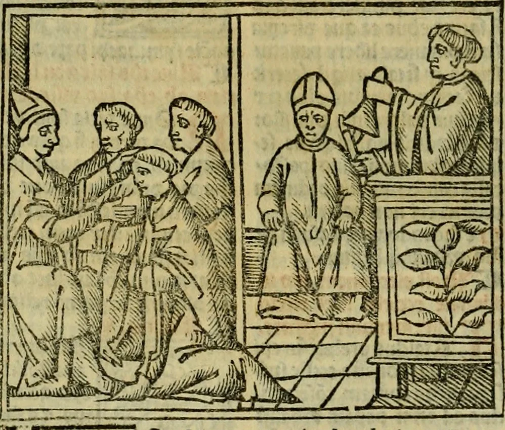 An illustration from Decretu[m] Gratiani : cu glossis dñi Joannis Theutonici prepositi Alberstatensis [et] annotationibus Bartholomei Brixiensis : [cum] diuisionibus Archidiaconi : [cum] Casibus a Bene., cõpositis per Bart. Brixi., correctis [et] pro clariore itellectu pluribus in locis extensis : [cum] concordia ad Bibliam : [cum] tabula marginalium glossularu[m] : [cum tabula] omniu canonu [et] concilio[rum] : [cum] Margarita Decreti : [cum] flosculis totius Decretia domio Joanne diacono compositis : [cum] additione in margine litteraru[m], quo minusculi characteres lineis intercepti, citius legenti appareant, 1514, leaf 641