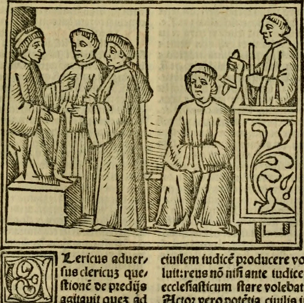 An illustration from Decretu[m] Gratiani : cu glossis dñi Joannis Theutonici prepositi Alberstatensis [et] annotationibus Bartholomei Brixiensis : [cum] diuisionibus Archidiaconi : [cum] Casibus a Bene., cõpositis per Bart. Brixi., correctis [et] pro clariore itellectu pluribus in locis extensis : [cum] concordia ad Bibliam : [cum] tabula marginalium glossularu[m] : [cum tabula] omniu canonu [et] concilio[rum] : [cum] Margarita Decreti : [cum] flosculis totius Decretia domio Joanne diacono compositis : [cum] additione in margine litteraru[m], quo minusculi characteres lineis intercepti, citius legenti appareant, 1514, leaf 662