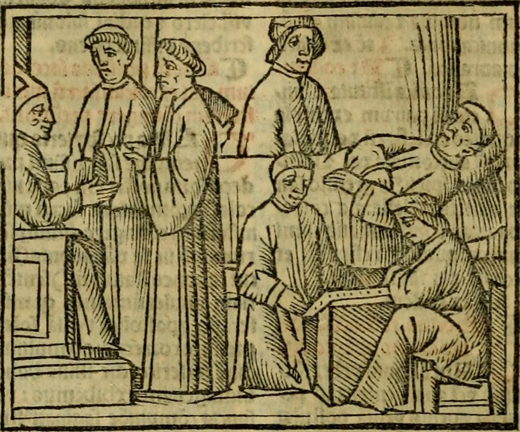An illustration from Decretu[m] Gratiani : cu glossis dñi Joannis Theutonici prepositi Alberstatensis [et] annotationibus Bartholomei Brixiensis : [cum] diuisionibus Archidiaconi : [cum] Casibus a Bene., cõpositis per Bart. Brixi., correctis [et] pro clariore itellectu pluribus in locis extensis : [cum] concordia ad Bibliam : [cum] tabula marginalium glossularu[m] : [cum tabula] omniu canonu [et] concilio[rum] : [cum] Margarita Decreti : [cum] flosculis totius Decretia domio Joanne diacono compositis : [cum] additione in margine litteraru[m], quo minusculi characteres lineis intercepti, citius legenti appareant, 1514, leaf 701