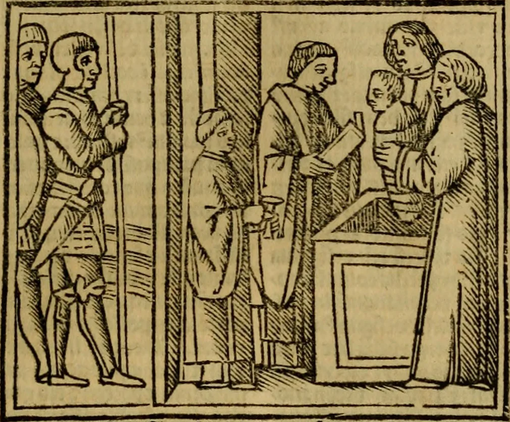 An illustration from Decretu[m] Gratiani : cu glossis dñi Joannis Theutonici prepositi Alberstatensis [et] annotationibus Bartholomei Brixiensis : [cum] diuisionibus Archidiaconi : [cum] Casibus a Bene., cõpositis per Bart. Brixi., correctis [et] pro clariore itellectu pluribus in locis extensis : [cum] concordia ad Bibliam : [cum] tabula marginalium glossularu[m] : [cum tabula] omniu canonu [et] concilio[rum] : [cum] Margarita Decreti : [cum] flosculis totius Decretia domio Joanne diacono compositis : [cum] additione in margine litteraru[m], quo minusculi characteres lineis intercepti, citius legenti appareant, 1514, leaf 738