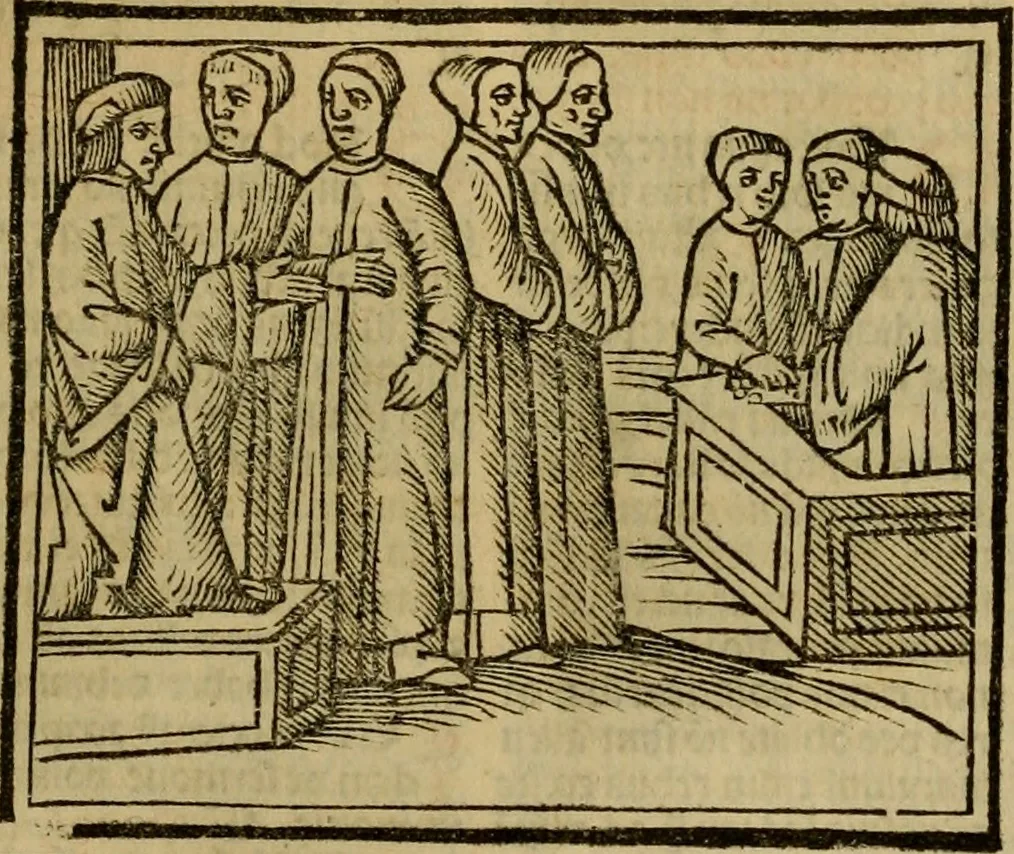 An illustration from Decretu[m] Gratiani : cu glossis dñi Joannis Theutonici prepositi Alberstatensis [et] annotationibus Bartholomei Brixiensis : [cum] diuisionibus Archidiaconi : [cum] Casibus a Bene., cõpositis per Bart. Brixi., correctis [et] pro clariore itellectu pluribus in locis extensis : [cum] concordia ad Bibliam : [cum] tabula marginalium glossularu[m] : [cum tabula] omniu canonu [et] concilio[rum] : [cum] Margarita Decreti : [cum] flosculis totius Decretia domio Joanne diacono compositis : [cum] additione in margine litteraru[m], quo minusculi characteres lineis intercepti, citius legenti appareant, 1514, leaf 752