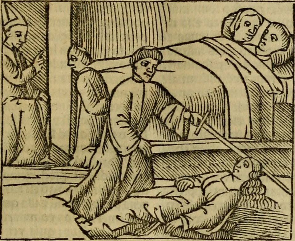An illustration from Decretu[m] Gratiani : cu glossis dñi Joannis Theutonici prepositi Alberstatensis [et] annotationibus Bartholomei Brixiensis : [cum] diuisionibus Archidiaconi : [cum] Casibus a Bene., cõpositis per Bart. Brixi., correctis [et] pro clariore itellectu pluribus in locis extensis : [cum] concordia ad Bibliam : [cum] tabula marginalium glossularu[m] : [cum tabula] omniu canonu [et] concilio[rum] : [cum] Margarita Decreti : [cum] flosculis totius Decretia domio Joanne diacono compositis : [cum] additione in margine litteraru[m], quo minusculi characteres lineis intercepti, citius legenti appareant, 1514, leaf 764