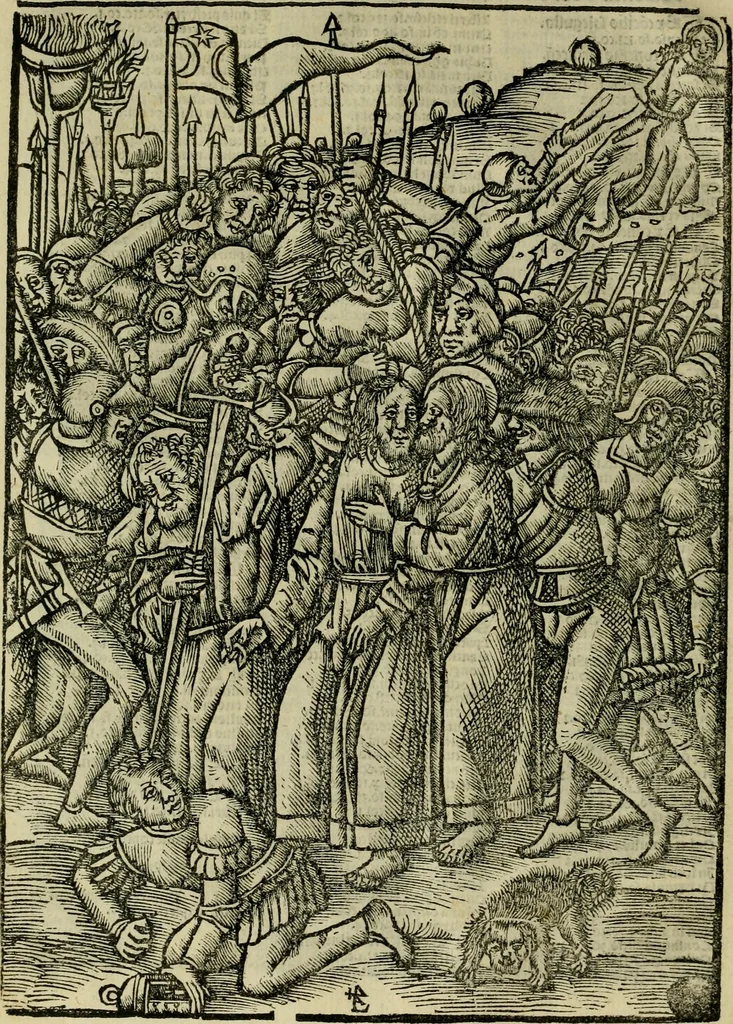 An illustration from Decretu[m] Gratiani : cu glossis dñi Joannis Theutonici prepositi Alberstatensis [et] annotationibus Bartholomei Brixiensis : [cum] diuisionibus Archidiaconi : [cum] Casibus a Bene., cõpositis per Bart. Brixi., correctis [et] pro clariore itellectu pluribus in locis extensis : [cum] concordia ad Bibliam : [cum] tabula marginalium glossularu[m] : [cum tabula] omniu canonu [et] concilio[rum] : [cum] Margarita Decreti : [cum] flosculis totius Decretia domio Joanne diacono compositis : [cum] additione in margine litteraru[m], quo minusculi characteres lineis intercepti, citius legenti appareant, 1514, leaf 79