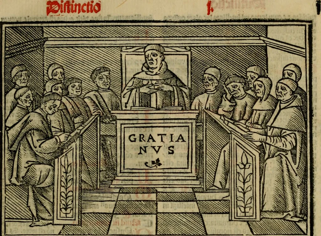 An illustration from Decretu[m] Gratiani : cu glossis dñi Joannis Theutonici prepositi Alberstatensis [et] annotationibus Bartholomei Brixiensis : [cum] diuisionibus Archidiaconi : [cum] Casibus a Bene., cõpositis per Bart. Brixi., correctis [et] pro clariore itellectu pluribus in locis extensis : [cum] concordia ad Bibliam : [cum] tabula marginalium glossularu[m] : [cum tabula] omniu canonu [et] concilio[rum] : [cum] Margarita Decreti : [cum] flosculis totius Decretia domio Joanne diacono compositis : [cum] additione in margine litteraru[m], quo minusculi characteres lineis intercepti, citius legenti appareant, 1514, leaf 80