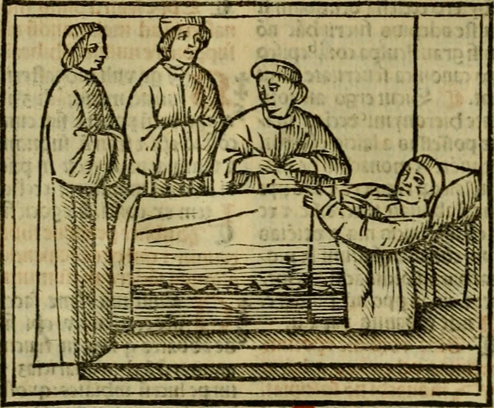An illustration from Decretu[m] Gratiani : cu glossis dñi Joannis Theutonici prepositi Alberstatensis [et] annotationibus Bartholomei Brixiensis : [cum] diuisionibus Archidiaconi : [cum] Casibus a Bene., cõpositis per Bart. Brixi., correctis [et] pro clariore itellectu pluribus in locis extensis : [cum] concordia ad Bibliam : [cum] tabula marginalium glossularu[m] : [cum tabula] omniu canonu [et] concilio[rum] : [cum] Margarita Decreti : [cum] flosculis totius Decretia domio Joanne diacono compositis : [cum] additione in margine litteraru[m], quo minusculi characteres lineis intercepti, citius legenti appareant, 1514, leaf 835