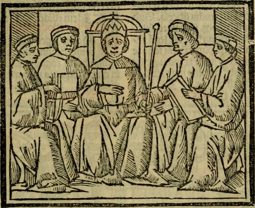 An illustration from Decretu[m] Gratiani : cu glossis dñi Joannis Theutonici prepositi Alberstatensis [et] annotationibus Bartholomei Brixiensis : [cum] diuisionibus Archidiaconi : [cum] Casibus a Bene., cõpositis per Bart. Brixi., correctis [et] pro clariore itellectu pluribus in locis extensis : [cum] concordia ad Bibliam : [cum] tabula marginalium glossularu[m] : [cum tabula] omniu canonu [et] concilio[rum] : [cum] Margarita Decreti : [cum] flosculis totius Decretia domio Joanne diacono compositis : [cum] additione in margine litteraru[m], quo minusculi characteres lineis intercepti, citius legenti appareant, 1514, leaf 84