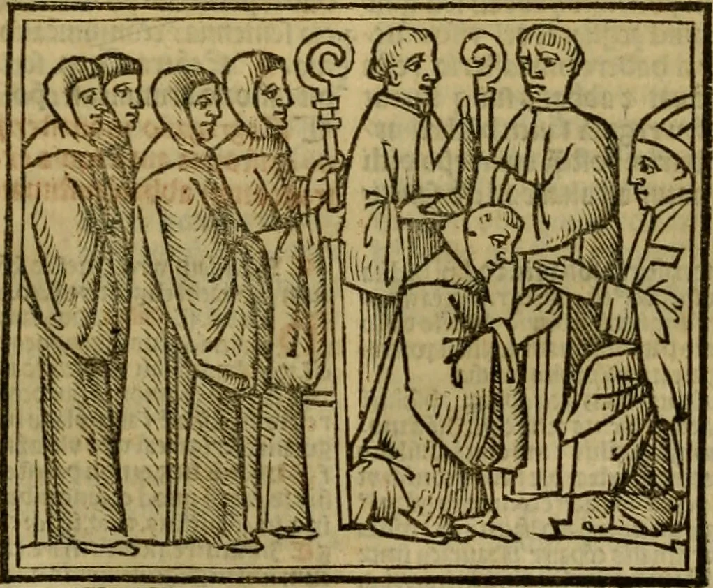 An illustration from Decretu[m] Gratiani : cu glossis dñi Joannis Theutonici prepositi Alberstatensis [et] annotationibus Bartholomei Brixiensis : [cum] diuisionibus Archidiaconi : [cum] Casibus a Bene., cõpositis per Bart. Brixi., correctis [et] pro clariore itellectu pluribus in locis extensis : [cum] concordia ad Bibliam : [cum] tabula marginalium glossularu[m] : [cum tabula] omniu canonu [et] concilio[rum] : [cum] Margarita Decreti : [cum] flosculis totius Decretia domio Joanne diacono compositis : [cum] additione in margine litteraru[m], quo minusculi characteres lineis intercepti, citius legenti appareant, 1514, leaf 848