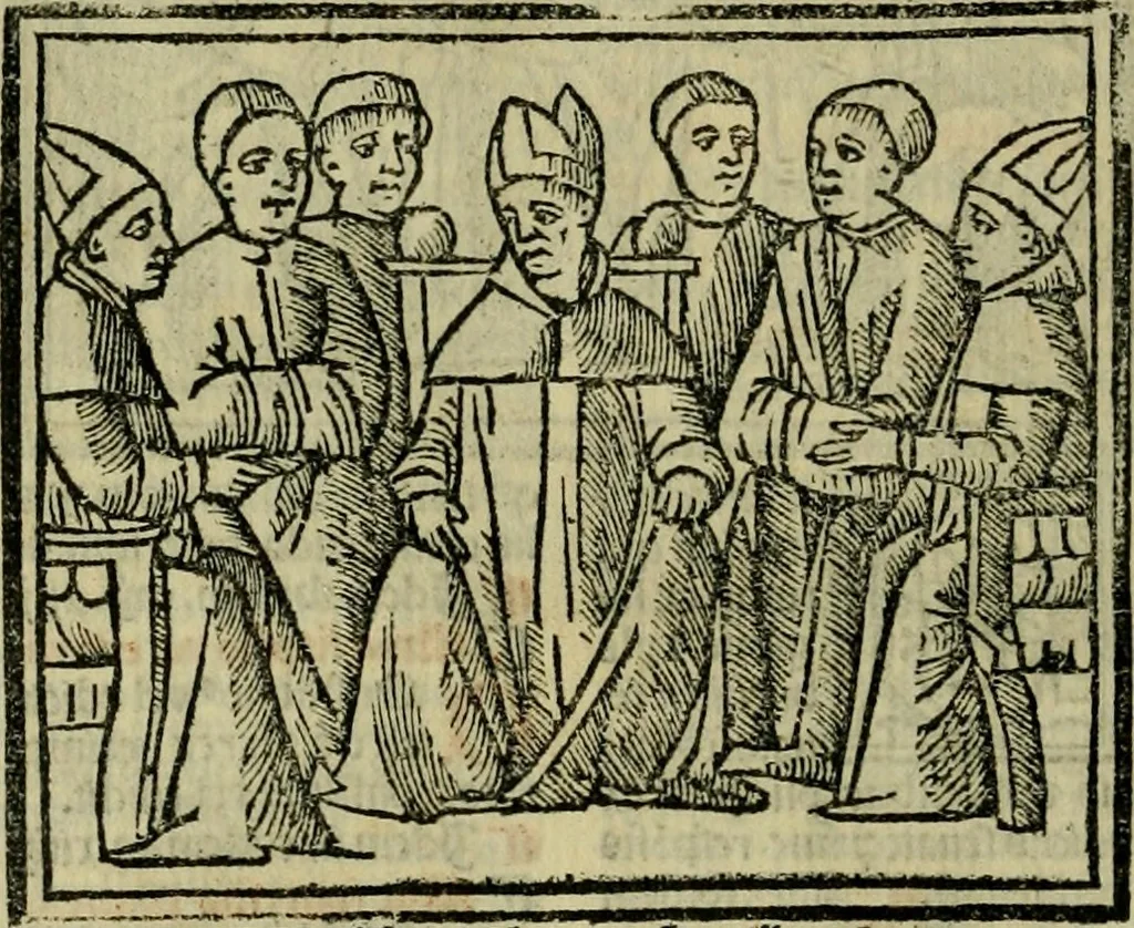 An illustration from Decretu[m] Gratiani : cu glossis dñi Joannis Theutonici prepositi Alberstatensis [et] annotationibus Bartholomei Brixiensis : [cum] diuisionibus Archidiaconi : [cum] Casibus a Bene., cõpositis per Bart. Brixi., correctis [et] pro clariore itellectu pluribus in locis extensis : [cum] concordia ad Bibliam : [cum] tabula marginalium glossularu[m] : [cum tabula] omniu canonu [et] concilio[rum] : [cum] Margarita Decreti : [cum] flosculis totius Decretia domio Joanne diacono compositis : [cum] additione in margine litteraru[m], quo minusculi characteres lineis intercepti, citius legenti appareant, 1514, leaf 85