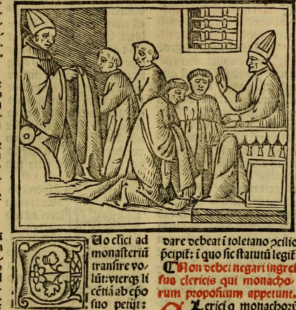 An illustration from Decretu[m] Gratiani : cu glossis dñi Joannis Theutonici prepositi Alberstatensis [et] annotationibus Bartholomei Brixiensis : [cum] diuisionibus Archidiaconi : [cum] Casibus a Bene., cõpositis per Bart. Brixi., correctis [et] pro clariore itellectu pluribus in locis extensis : [cum] concordia ad Bibliam : [cum] tabula marginalium glossularu[m] : [cum tabula] omniu canonu [et] concilio[rum] : [cum] Margarita Decreti : [cum] flosculis totius Decretia domio Joanne diacono compositis : [cum] additione in margine litteraru[m], quo minusculi characteres lineis intercepti, citius legenti appareant, 1514, leaf 858