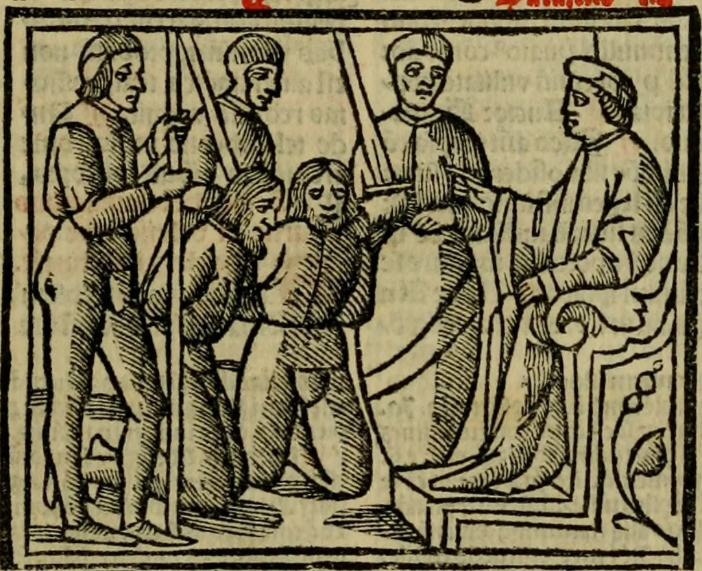 An illustration from Decretu[m] Gratiani : cu glossis dñi Joannis Theutonici prepositi Alberstatensis [et] annotationibus Bartholomei Brixiensis : [cum] diuisionibus Archidiaconi : [cum] Casibus a Bene., cõpositis per Bart. Brixi., correctis [et] pro clariore itellectu pluribus in locis extensis : [cum] concordia ad Bibliam : [cum] tabula marginalium glossularu[m] : [cum tabula] omniu canonu [et] concilio[rum] : [cum] Margarita Decreti : [cum] flosculis totius Decretia domio Joanne diacono compositis : [cum] additione in margine litteraru[m], quo minusculi characteres lineis intercepti, citius legenti appareant, 1514, leaf 86