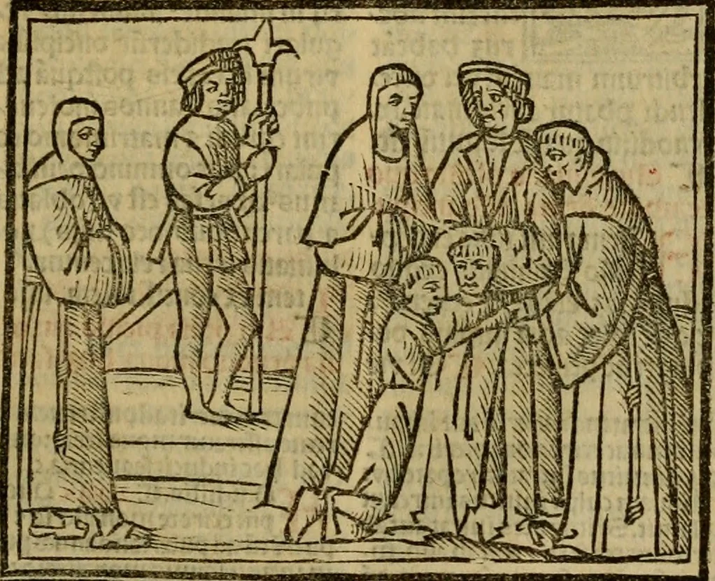 An illustration from Decretu[m] Gratiani : cu glossis dñi Joannis Theutonici prepositi Alberstatensis [et] annotationibus Bartholomei Brixiensis : [cum] diuisionibus Archidiaconi : [cum] Casibus a Bene., cõpositis per Bart. Brixi., correctis [et] pro clariore itellectu pluribus in locis extensis : [cum] concordia ad Bibliam : [cum] tabula marginalium glossularu[m] : [cum tabula] omniu canonu [et] concilio[rum] : [cum] Margarita Decreti : [cum] flosculis totius Decretia domio Joanne diacono compositis : [cum] additione in margine litteraru[m], quo minusculi characteres lineis intercepti, citius legenti appareant, 1514, leaf 862