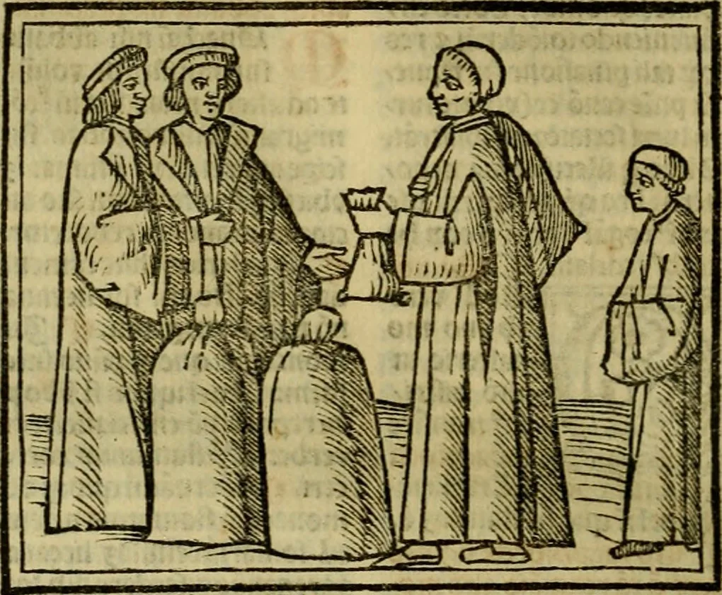 An illustration from Decretu[m] Gratiani : cu glossis dñi Joannis Theutonici prepositi Alberstatensis [et] annotationibus Bartholomei Brixiensis : [cum] diuisionibus Archidiaconi : [cum] Casibus a Bene., cõpositis per Bart. Brixi., correctis [et] pro clariore itellectu pluribus in locis extensis : [cum] concordia ad Bibliam : [cum] tabula marginalium glossularu[m] : [cum tabula] omniu canonu [et] concilio[rum] : [cum] Margarita Decreti : [cum] flosculis totius Decretia domio Joanne diacono compositis : [cum] additione in margine litteraru[m], quo minusculi characteres lineis intercepti, citius legenti appareant, 1514, leaf 871