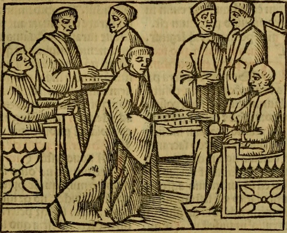 An illustration from Decretu[m] Gratiani : cu glossis dñi Joannis Theutonici prepositi Alberstatensis [et] annotationibus Bartholomei Brixiensis : [cum] diuisionibus Archidiaconi : [cum] Casibus a Bene., cõpositis per Bart. Brixi., correctis [et] pro clariore itellectu pluribus in locis extensis : [cum] concordia ad Bibliam : [cum] tabula marginalium glossularu[m] : [cum tabula] omniu canonu [et] concilio[rum] : [cum] Margarita Decreti : [cum] flosculis totius Decretia domio Joanne diacono compositis : [cum] additione in margine litteraru[m], quo minusculi characteres lineis intercepti, citius legenti appareant, 1514, leaf 878
