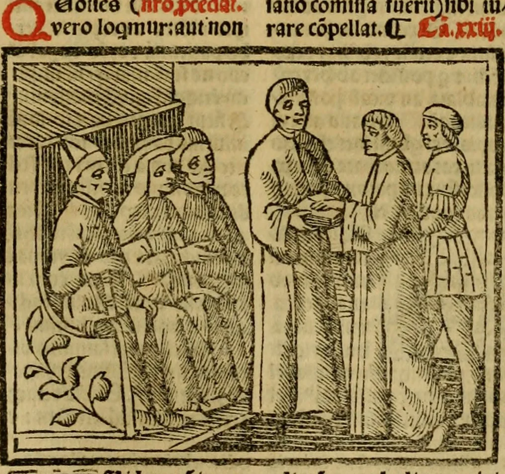 An illustration from Decretu[m] Gratiani : cu glossis dñi Joannis Theutonici prepositi Alberstatensis [et] annotationibus Bartholomei Brixiensis : [cum] diuisionibus Archidiaconi : [cum] Casibus a Bene., cõpositis per Bart. Brixi., correctis [et] pro clariore itellectu pluribus in locis extensis : [cum] concordia ad Bibliam : [cum] tabula marginalium glossularu[m] : [cum tabula] omniu canonu [et] concilio[rum] : [cum] Margarita Decreti : [cum] flosculis totius Decretia domio Joanne diacono compositis : [cum] additione in margine litteraru[m], quo minusculi characteres lineis intercepti, citius legenti appareant, 1514, leaf 904