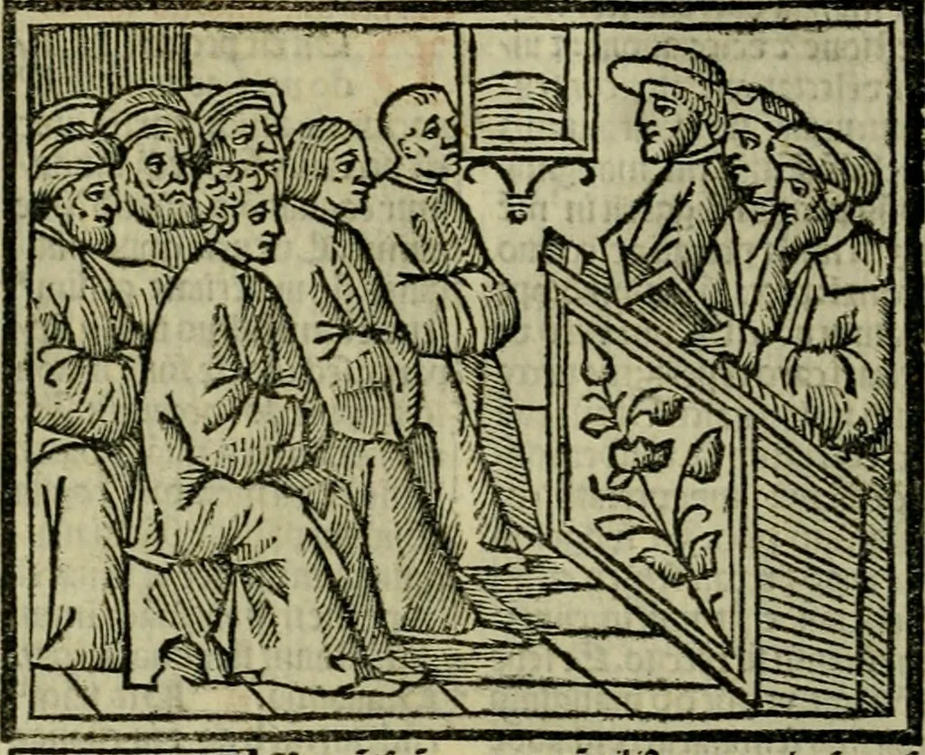 An illustration from Decretu[m] Gratiani : cu glossis dñi Joannis Theutonici prepositi Alberstatensis [et] annotationibus Bartholomei Brixiensis : [cum] diuisionibus Archidiaconi : [cum] Casibus a Bene., cõpositis per Bart. Brixi., correctis [et] pro clariore itellectu pluribus in locis extensis : [cum] concordia ad Bibliam : [cum] tabula marginalium glossularu[m] : [cum tabula] omniu canonu [et] concilio[rum] : [cum] Margarita Decreti : [cum] flosculis totius Decretia domio Joanne diacono compositis : [cum] additione in margine litteraru[m], quo minusculi characteres lineis intercepti, citius legenti appareant, 1514, leaf 93