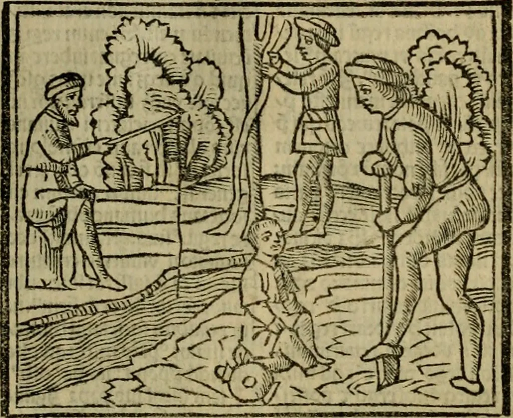 An illustration from Decretu[m] Gratiani : cu glossis dñi Joannis Theutonici prepositi Alberstatensis [et] annotationibus Bartholomei Brixiensis : [cum] diuisionibus Archidiaconi : [cum] Casibus a Bene., cõpositis per Bart. Brixi., correctis [et] pro clariore itellectu pluribus in locis extensis : [cum] concordia ad Bibliam : [cum] tabula marginalium glossularu[m] : [cum tabula] omniu canonu [et] concilio[rum] : [cum] Margarita Decreti : [cum] flosculis totius Decretia domio Joanne diacono compositis : [cum] additione in margine litteraru[m], quo minusculi characteres lineis intercepti, citius legenti appareant, 1514, leaf 94