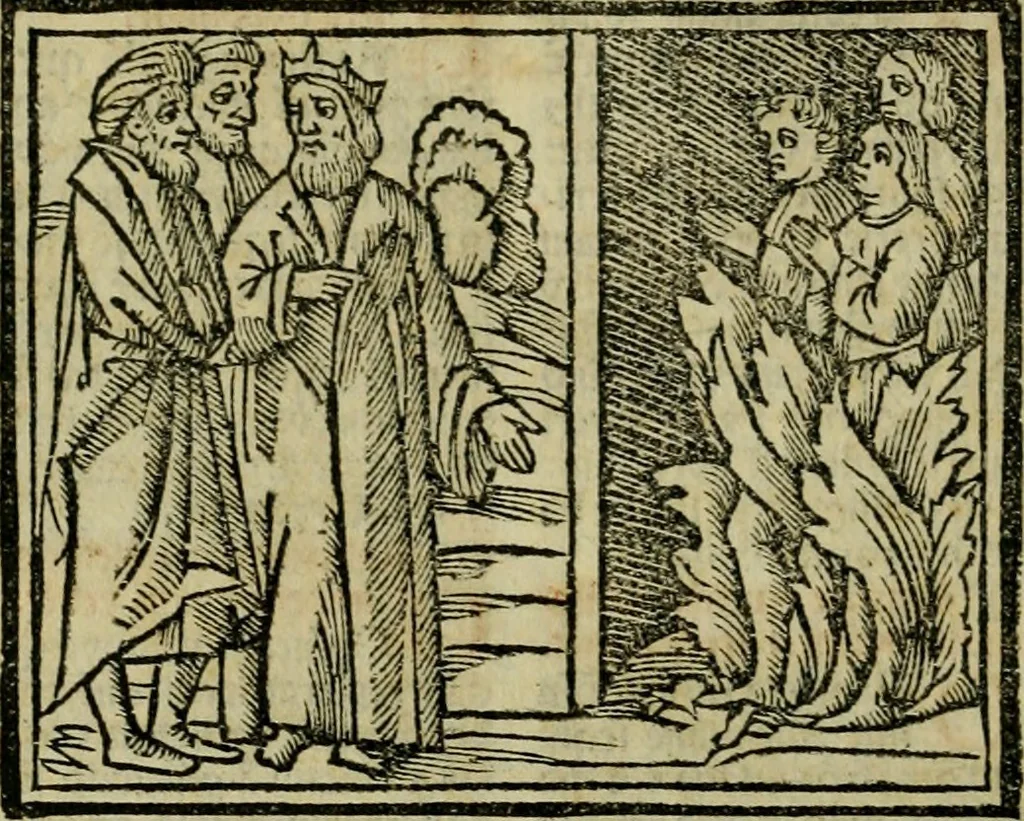 An illustration from Decretu[m] Gratiani : cu glossis dñi Joannis Theutonici prepositi Alberstatensis [et] annotationibus Bartholomei Brixiensis : [cum] diuisionibus Archidiaconi : [cum] Casibus a Bene., cõpositis per Bart. Brixi., correctis [et] pro clariore itellectu pluribus in locis extensis : [cum] concordia ad Bibliam : [cum] tabula marginalium glossularu[m] : [cum tabula] omniu canonu [et] concilio[rum] : [cum] Margarita Decreti : [cum] flosculis totius Decretia domio Joanne diacono compositis : [cum] additione in margine litteraru[m], quo minusculi characteres lineis intercepti, citius legenti appareant, 1514, leaf 97