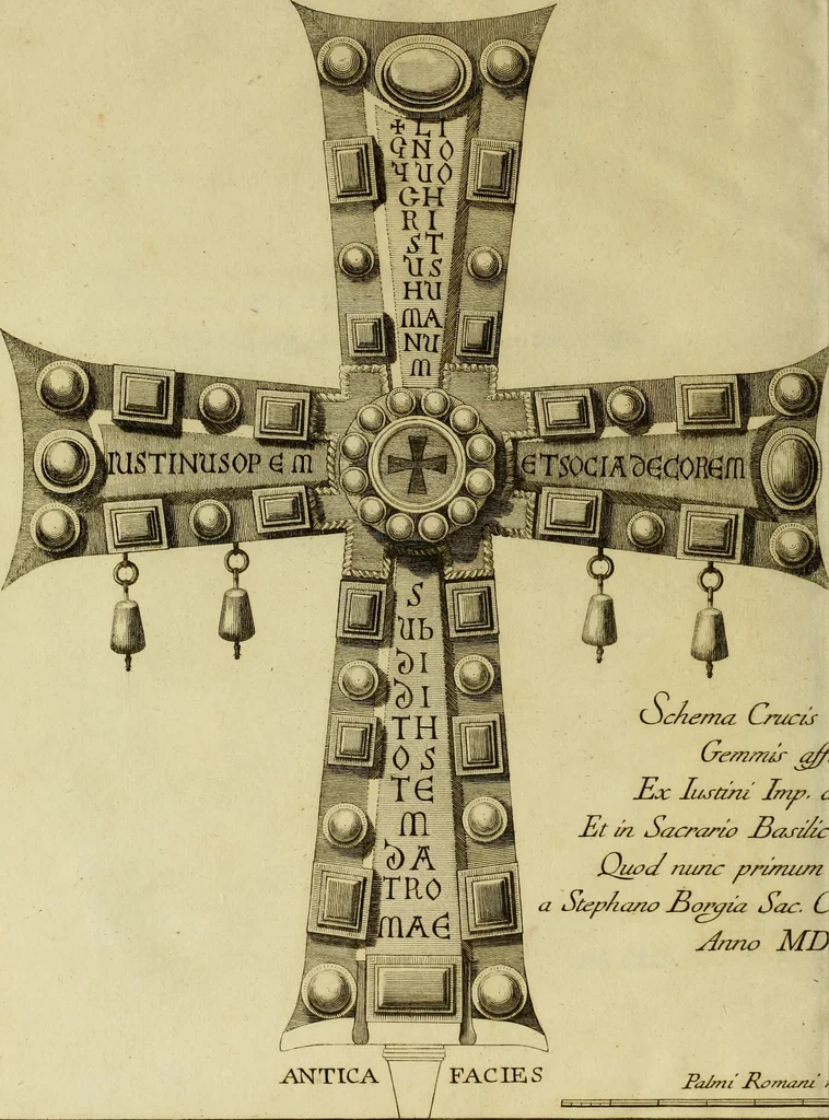 An illustration from De cruce Vaticana ex dono Iustini Augusti in parasceve maioris hebdomadae publicae venerationi exhiberi solita commentarius : cui accedit ritus salutationis crucis in ecclesia Antiochena Syrorum servatus, nunc primum Syriace & Latine editus adnotationibusque inlustratus, 1779, leaf 13