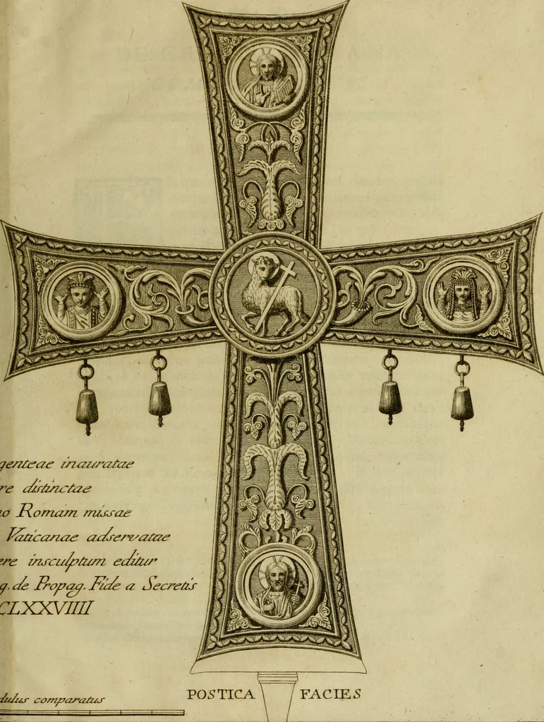 An illustration from De cruce Vaticana ex dono Iustini Augusti in parasceve maioris hebdomadae publicae venerationi exhiberi solita commentarius : cui accedit ritus salutationis crucis in ecclesia Antiochena Syrorum servatus, nunc primum Syriace & Latine editus adnotationibusque inlustratus, 1779, leaf 14