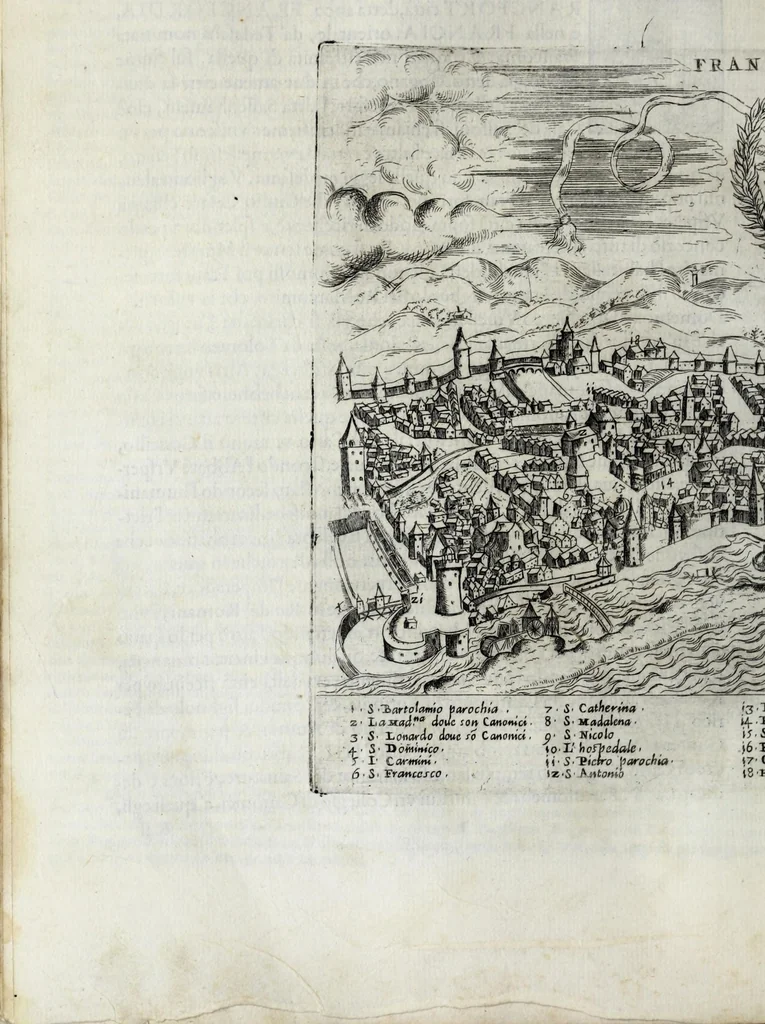 An illustration from De' disegni delle piv illvstri città et fortezza del mondo. la quale ne contiene cinquanta : con vna breve historia delle origini et accidenti loro, secondo l'ordine de' tempi, 1569, leaf 186