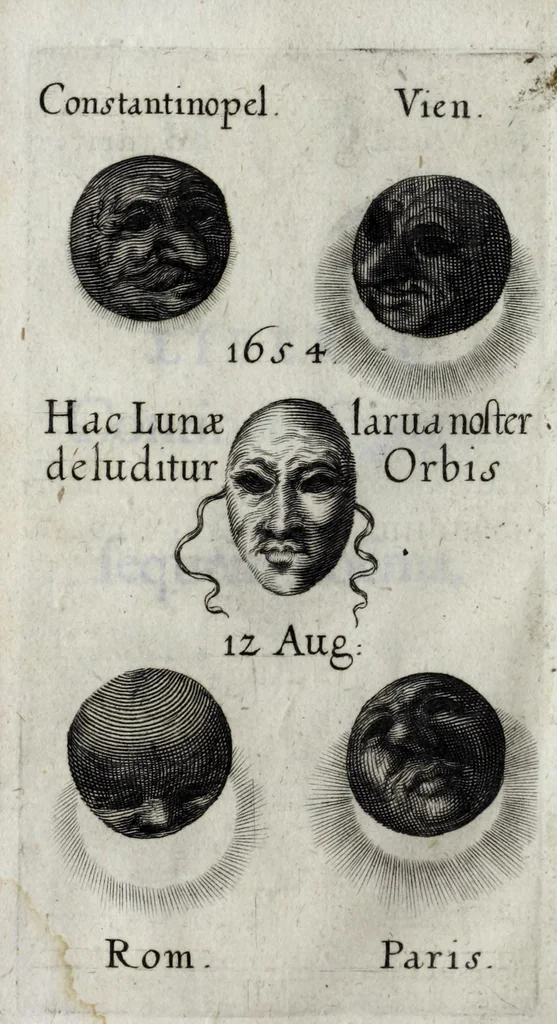 An illustration from De eclipsi solari anno MDCLIV die XII Augusti, in Europa, a pluribus spectata tubo optico, 1662, leaf 12