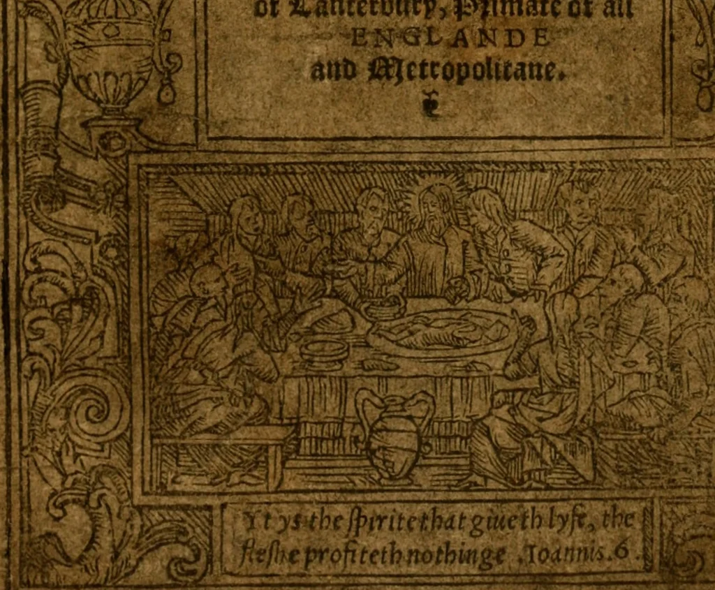 An illustration from A defence of the true and catholike doctrine of the sacrament of the body and bloud of our sauiour Christ : with a confutation of sundry errors concernyng the same, grounded and stablished upon Godes holy woorde & approved by ye consent of the moste auncient doctors of the churche, 1550, leaf 6