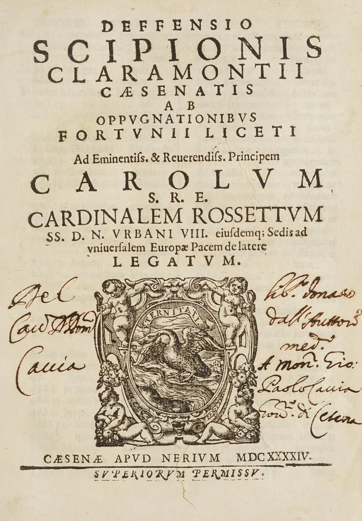 An illustration from Deffensio Scipionis Claramontii Caesenatis ab oppvgnationibvs Fortvnii Liceti, 1644, leaf 5