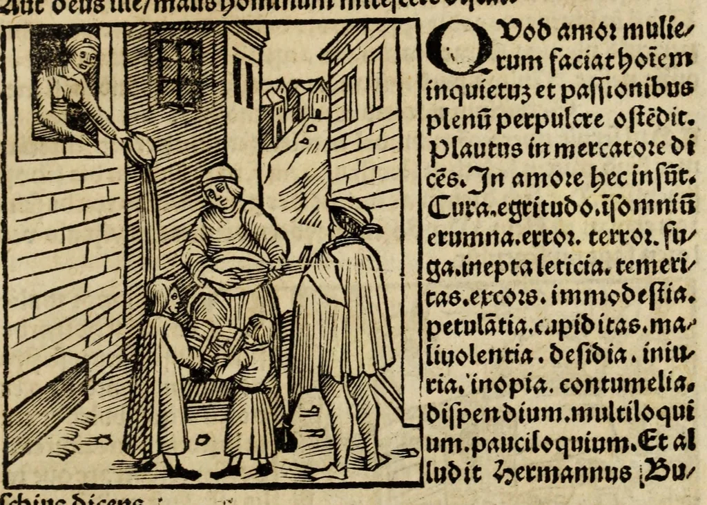 An illustration from De fide meretricum in suos amatores : quaestio minus principalis vrbanitatis et facetie causa, in fine quodlibeti Heydelbergen̄. determinata a magistro Jacobo Hartlieb Landoieñ. ; nouis quibusdã additionibus nup[er] illustrata, 1502, leaf 13