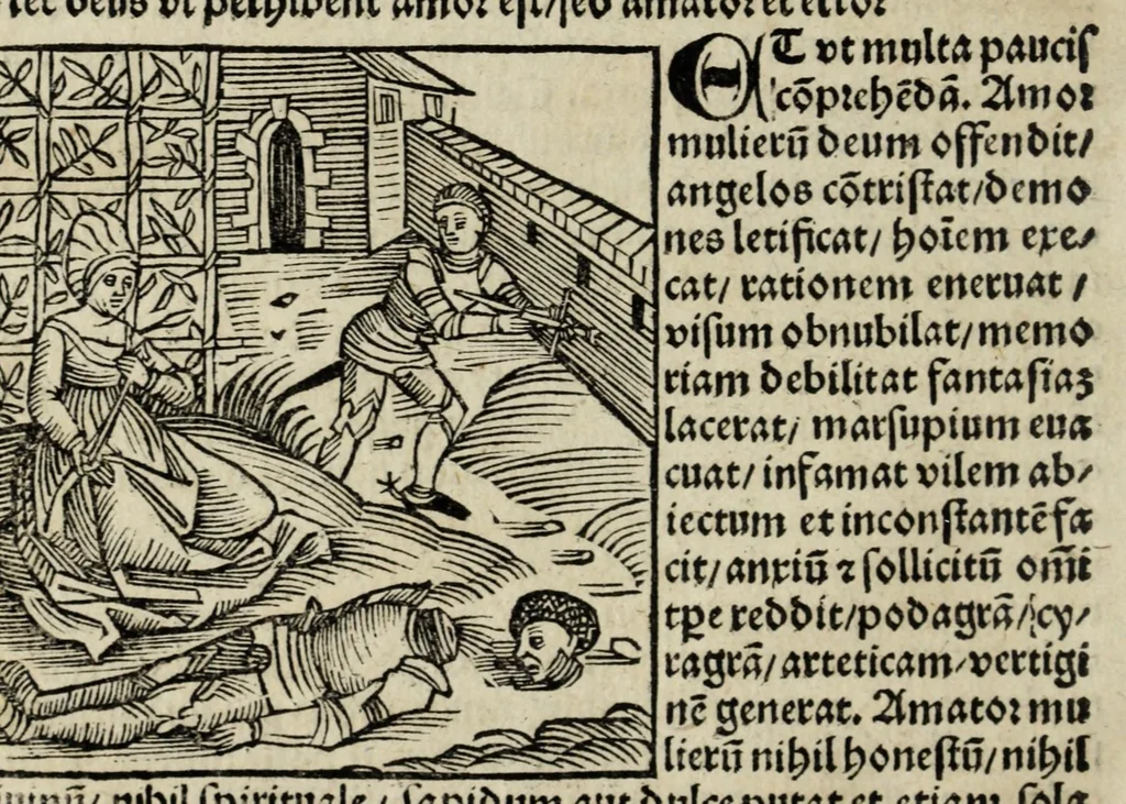 An illustration from De fide meretricum in suos amatores : quaestio minus principalis vrbanitatis et facetie causa, in fine quodlibeti Heydelbergen̄. determinata a magistro Jacobo Hartlieb Landoieñ. ; nouis quibusdã additionibus nup[er] illustrata, 1502, leaf 18