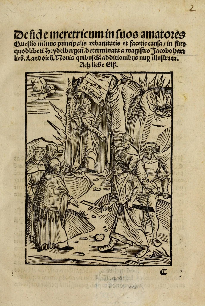 An illustration from De fide meretricum in suos amatores : quaestio minus principalis vrbanitatis et facetie causa, in fine quodlibeti Heydelbergen̄. determinata a magistro Jacobo Hartlieb Landoieñ. ; nouis quibusdã additionibus nup[er] illustrata, 1502, leaf 3