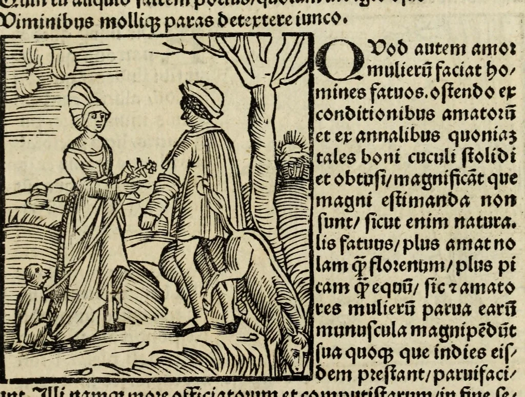 An illustration from De fide meretricum in suos amatores : quaestio minus principalis vrbanitatis et facetie causa, in fine quodlibeti Heydelbergen̄. determinata a magistro Jacobo Hartlieb Landoieñ. ; nouis quibusdã additionibus nup[er] illustrata, 1502, leaf 9