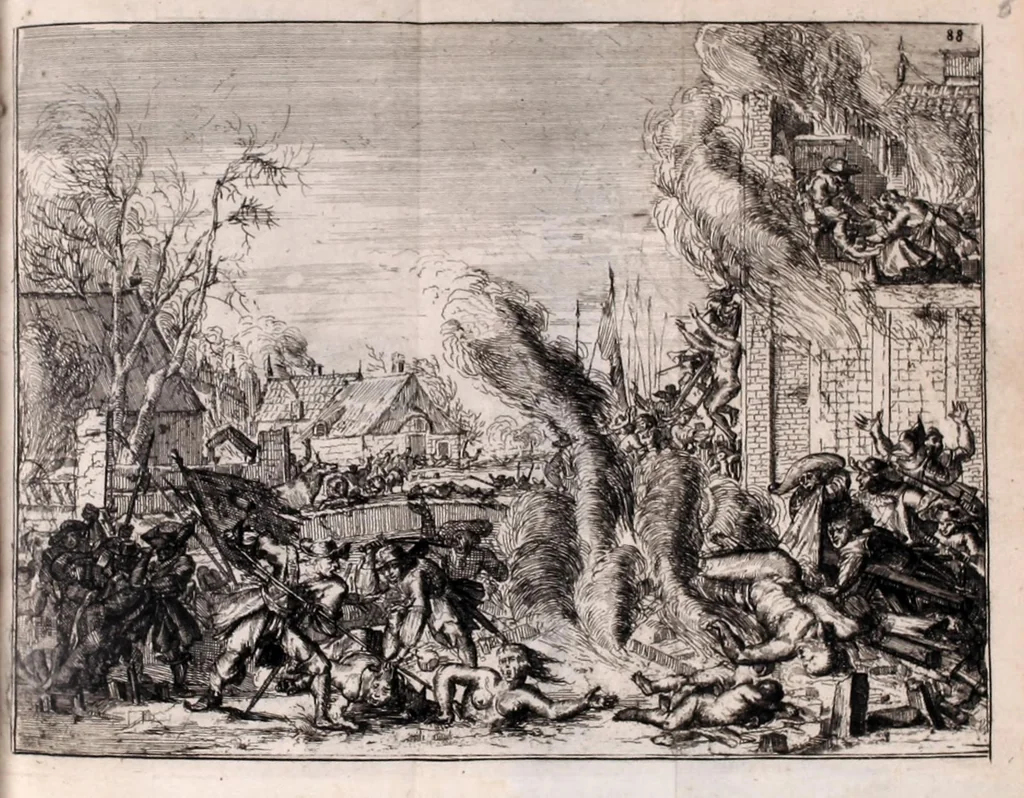 An illustration from De fransche tyrannie, dat is, Oprecht en waerachtig verhael van de grouwelijke wreetheden tot bodegraven, swammerdam en elders door de franssen gepleegt : benevens de laste toght van't heir des koninks van Vrankrijk in Brabant en Vlaenderen, met bygevoegde autentijke stukken : getrouwelijk, naer't origineel, uit het Frans vertaelt : en vermeerdert met'et gepasseerde op de dorpen van nichtvecht, waverveen en abkoude : met schoone kopere platen verçiert, 1674, leaf 103