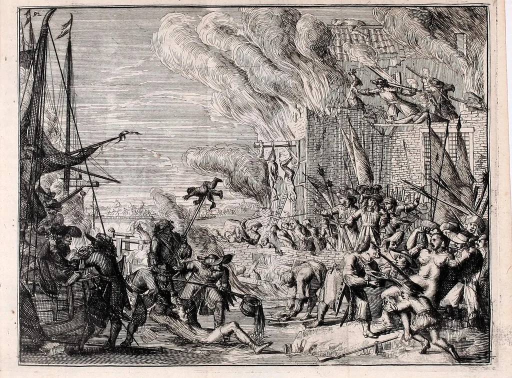 An illustration from De fransche tyrannie, dat is, Oprecht en waerachtig verhael van de grouwelijke wreetheden tot bodegraven, swammerdam en elders door de franssen gepleegt : benevens de laste toght van't heir des koninks van Vrankrijk in Brabant en Vlaenderen, met bygevoegde autentijke stukken : getrouwelijk, naer't origineel, uit het Frans vertaelt : en vermeerdert met'et gepasseerde op de dorpen van nichtvecht, waverveen en abkoude : met schoone kopere platen verçiert, 1674, leaf 109