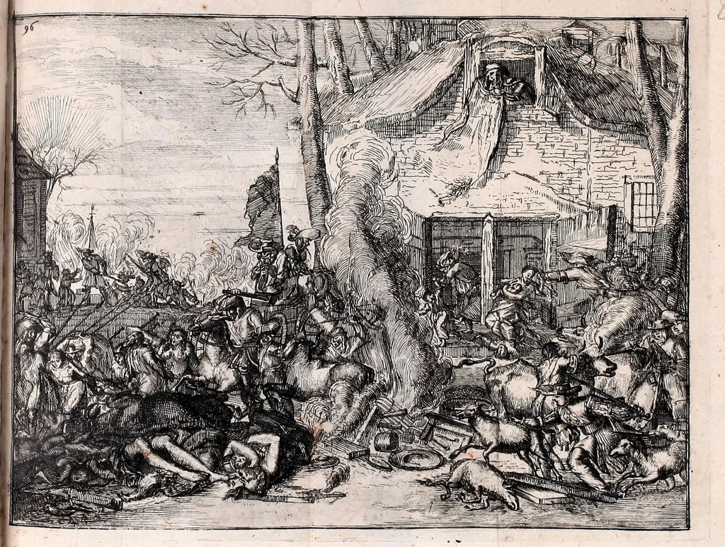 An illustration from De fransche tyrannie, dat is, Oprecht en waerachtig verhael van de grouwelijke wreetheden tot bodegraven, swammerdam en elders door de franssen gepleegt : benevens de laste toght van't heir des koninks van Vrankrijk in Brabant en Vlaenderen, met bygevoegde autentijke stukken : getrouwelijk, naer't origineel, uit het Frans vertaelt : en vermeerdert met'et gepasseerde op de dorpen van nichtvecht, waverveen en abkoude : met schoone kopere platen verçiert, 1674, leaf 115