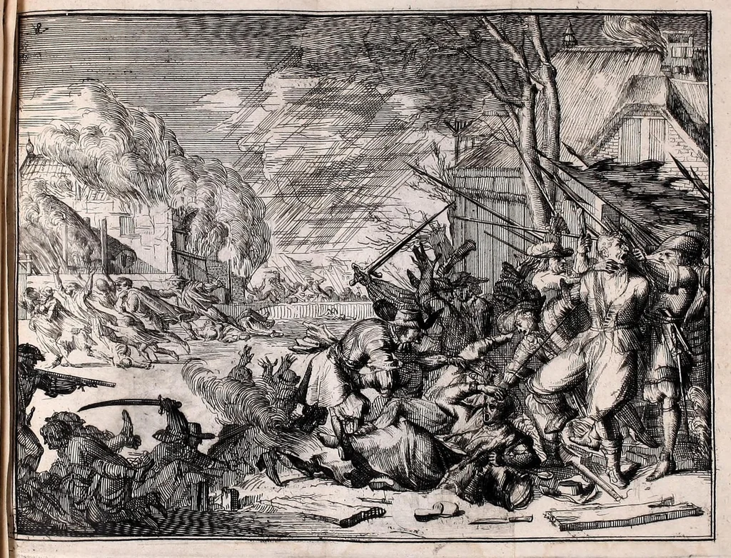 An illustration from De fransche tyrannie, dat is, Oprecht en waerachtig verhael van de grouwelijke wreetheden tot bodegraven, swammerdam en elders door de franssen gepleegt : benevens de laste toght van't heir des koninks van Vrankrijk in Brabant en Vlaenderen, met bygevoegde autentijke stukken : getrouwelijk, naer't origineel, uit het Frans vertaelt : en vermeerdert met'et gepasseerde op de dorpen van nichtvecht, waverveen en abkoude : met schoone kopere platen verçiert, 1674, leaf 15