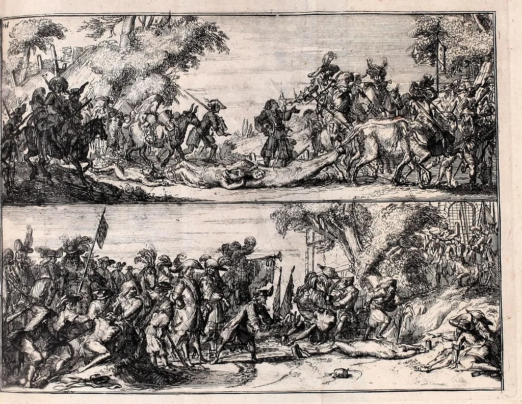 An illustration from De fransche tyrannie, dat is, Oprecht en waerachtig verhael van de grouwelijke wreetheden tot bodegraven, swammerdam en elders door de franssen gepleegt : benevens de laste toght van't heir des koninks van Vrankrijk in Brabant en Vlaenderen, met bygevoegde autentijke stukken : getrouwelijk, naer't origineel, uit het Frans vertaelt : en vermeerdert met'et gepasseerde op de dorpen van nichtvecht, waverveen en abkoude : met schoone kopere platen verçiert, 1674, leaf 169
