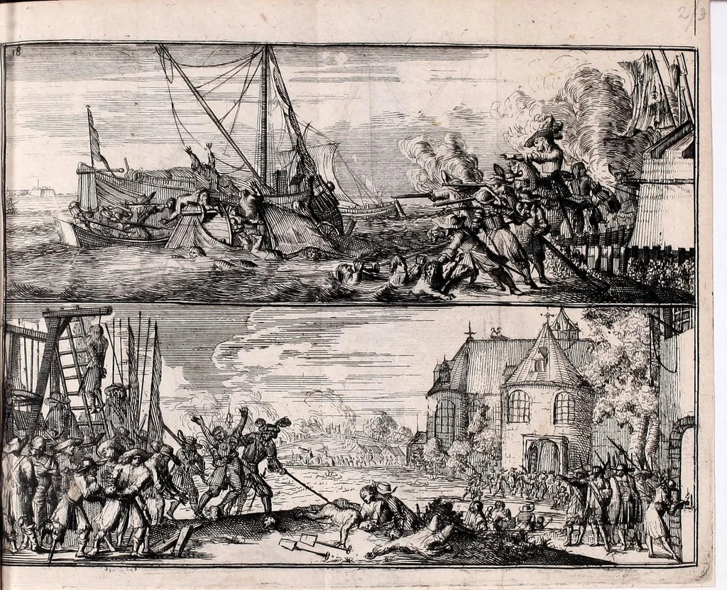 An illustration from De fransche tyrannie, dat is, Oprecht en waerachtig verhael van de grouwelijke wreetheden tot bodegraven, swammerdam en elders door de franssen gepleegt : benevens de laste toght van't heir des koninks van Vrankrijk in Brabant en Vlaenderen, met bygevoegde autentijke stukken : getrouwelijk, naer't origineel, uit het Frans vertaelt : en vermeerdert met'et gepasseerde op de dorpen van nichtvecht, waverveen en abkoude : met schoone kopere platen verçiert, 1674, leaf 27