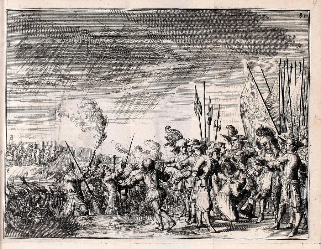 An illustration from De fransche tyrannie, dat is, Oprecht en waerachtig verhael van de grouwelijke wreetheden tot bodegraven, swammerdam en elders door de franssen gepleegt : benevens de laste toght van't heir des koninks van Vrankrijk in Brabant en Vlaenderen, met bygevoegde autentijke stukken : getrouwelijk, naer't origineel, uit het Frans vertaelt : en vermeerdert met'et gepasseerde op de dorpen van nichtvecht, waverveen en abkoude : met schoone kopere platen verçiert, 1674, leaf 93