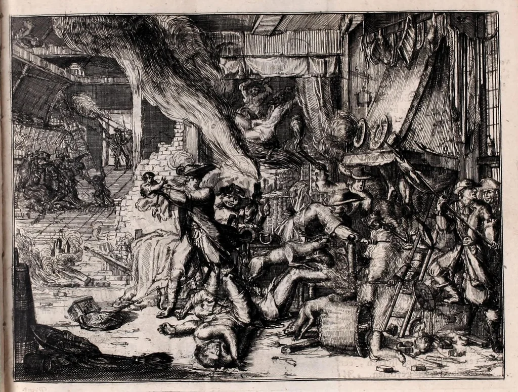 An illustration from De fransche tyrannie, dat is, Oprecht en waerachtig verhael van de grouwelijke wreetheden tot bodegraven, swammerdam en elders door de franssen gepleegt : benevens de laste toght van't heir des koninks van Vrankrijk in Brabant en Vlaenderen, met bygevoegde autentijke stukken : getrouwelijk, naer't origineel, uit het Frans vertaelt : en vermeerdert met'et gepasseerde op de dorpen van nichtvecht, waverveen en abkoude : met schoone kopere platen verçiert, 1674, leaf 99