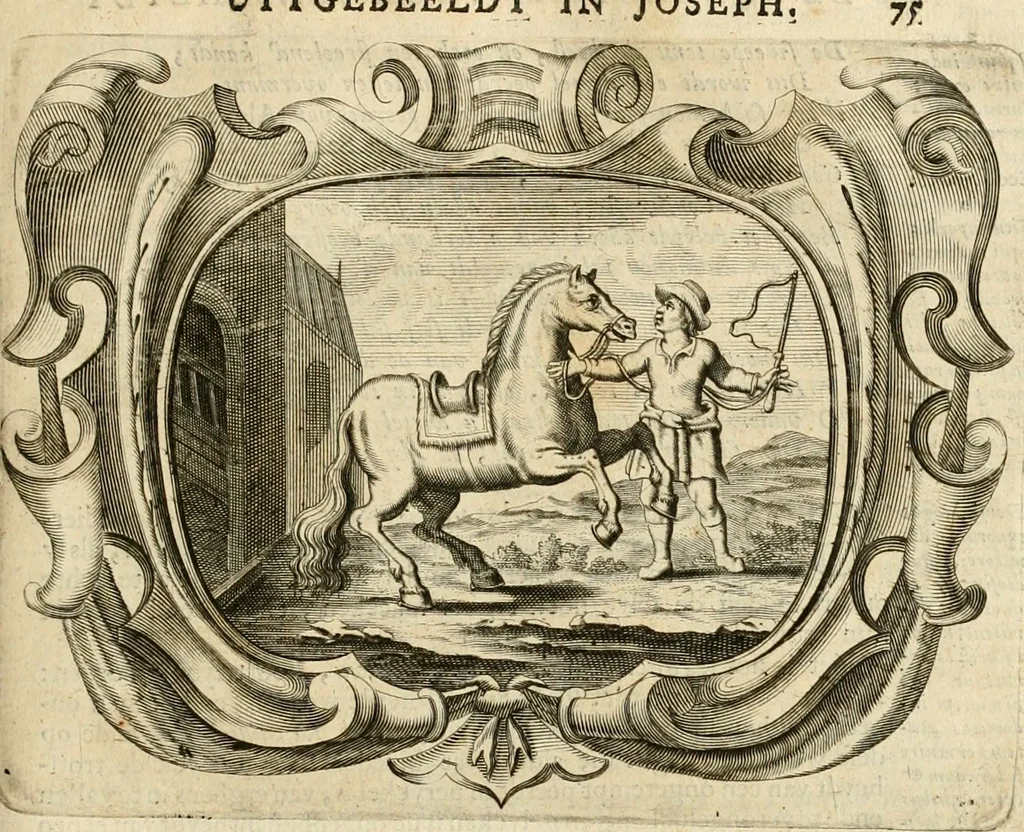 An illustration from De goddelycke voorsienigheydt uytgebeeldt in Joseph onder-coninck van Egypten : verciert met sinne-beelden ende sede-leeringen, 1710, leaf 86