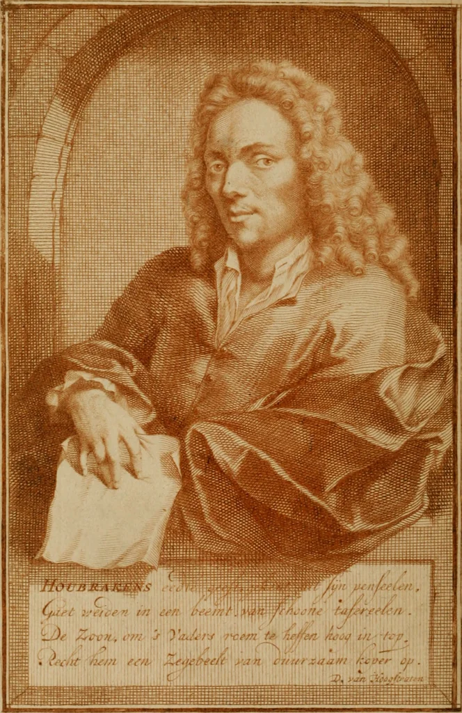 An illustration from De groote schouburgh der Nederlantsche konstschilders en schilderessen : waar van 'er vele met hunne beeltenissen ten tooneel een verschynen, en hun levensgedrag en konstwerken beschreven worden : zynde een vervolg op Het Schilderboek van K. v. Mander, 1718, leaf 11