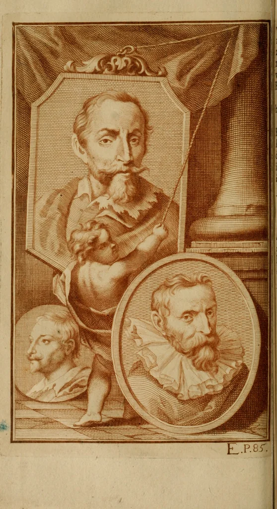 An illustration from De groote schouburgh der Nederlantsche konstschilders en schilderessen : waar van 'er vele met hunne beeltenissen ten tooneel een verschynen, en hun levensgedrag en konstwerken beschreven worden : zynde een vervolg op Het Schilderboek van K. v. Mander, 1718, leaf 117