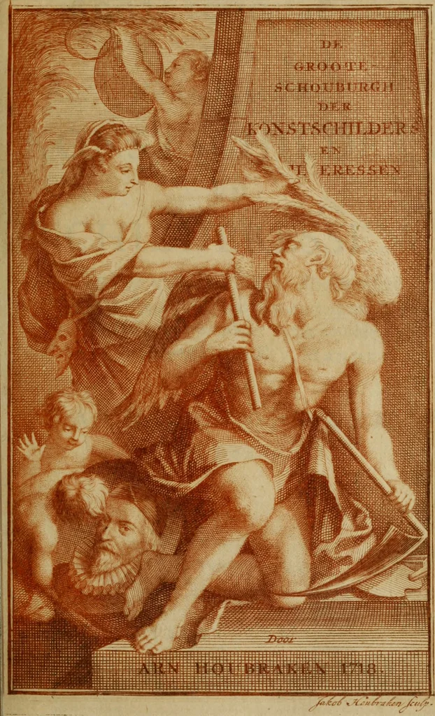 An illustration from De groote schouburgh der Nederlantsche konstschilders en schilderessen : waar van 'er vele met hunne beeltenissen ten tooneel een verschynen, en hun levensgedrag en konstwerken beschreven worden : zynde een vervolg op Het Schilderboek van K. v. Mander, 1718, leaf 12