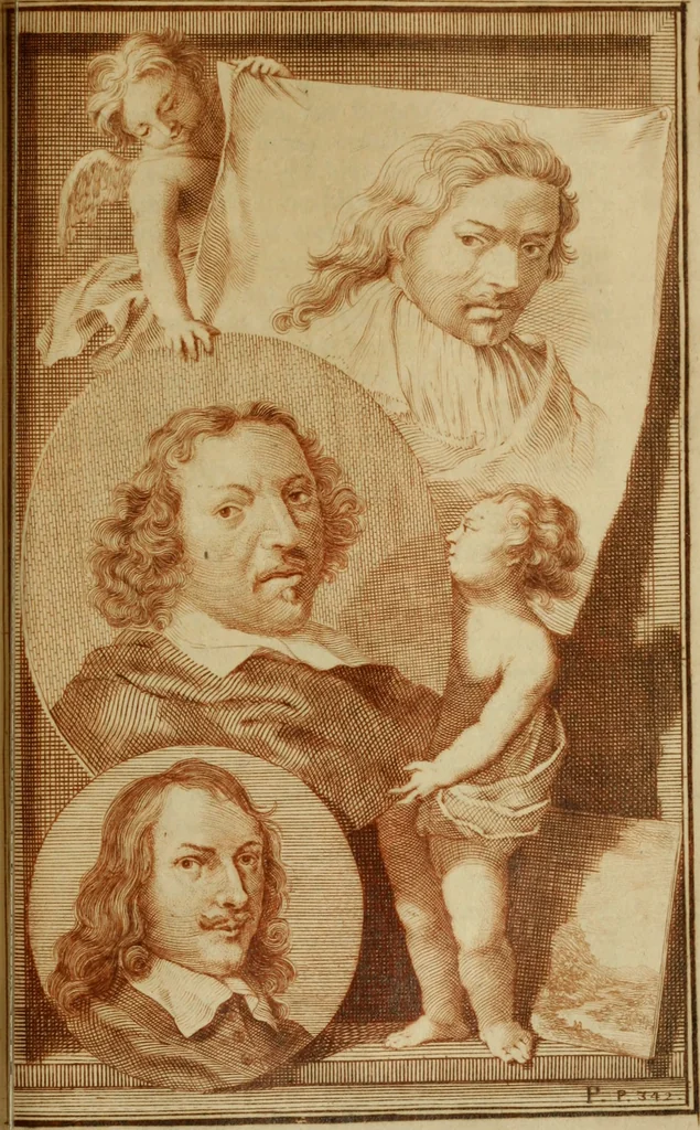 An illustration from De groote schouburgh der Nederlantsche konstschilders en schilderessen : waar van 'er vele met hunne beeltenissen ten tooneel een verschynen, en hun levensgedrag en konstwerken beschreven worden : zynde een vervolg op Het Schilderboek van K. v. Mander, 1718, leaf 398