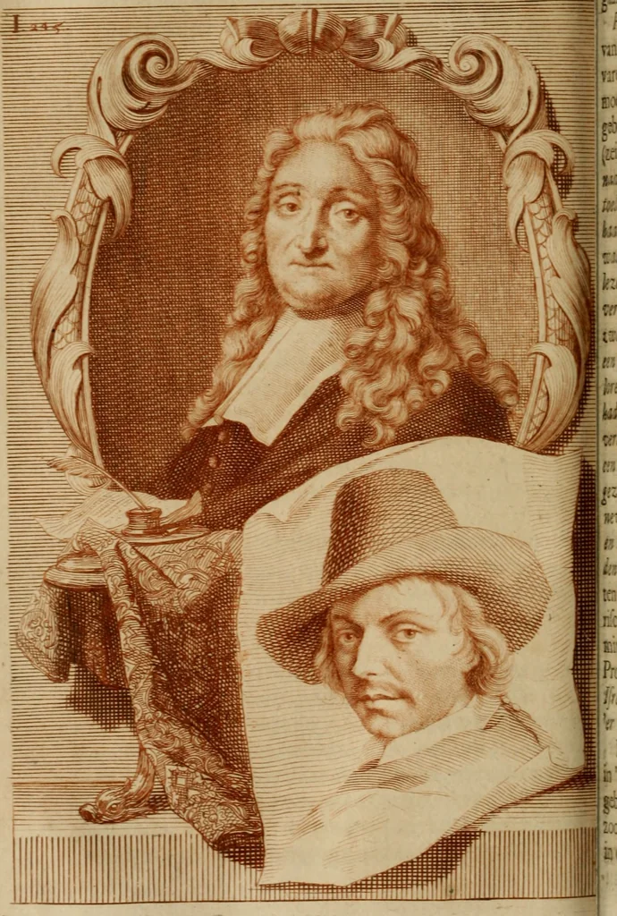 An illustration from De groote schouburgh der Nederlantsche konstschilders en schilderessen : waar van 'er vele met hunne beeltenissen ten tooneel een verschynen, en hun levensgedrag en konstwerken beschreven worden : zynde een vervolg op Het Schilderboek van K. v. Mander, 1718, leaf 279