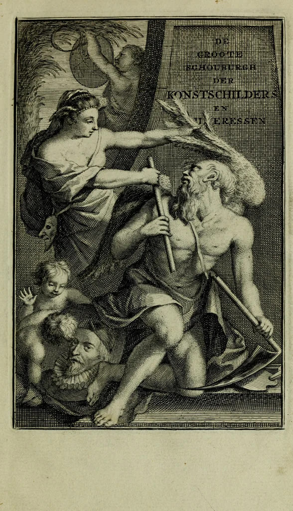An illustration from De groote schouburgh der Nederlantsche konstschilders en schilderessen : waar van 'er veele met hunne beeltenissen ten tooneel verschynen, en hun levensgedrag en konstwerken beschreven worden : zynde een vervolg op het Schilderboek van K. v. Mander ..., 1753, leaf 4