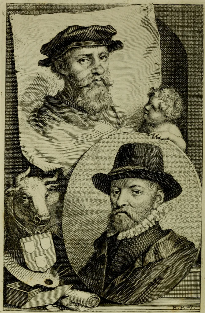An illustration from De groote schouburgh der Nederlantsche konstschilders en schilderessen : waar van 'er veele met hunne beeltenissen ten tooneel verschynen, en hun levensgedrag en konstwerken beschreven worden : zynde een vervolg op het Schilderboek van K. v. Mander ..., 1753, leaf 45