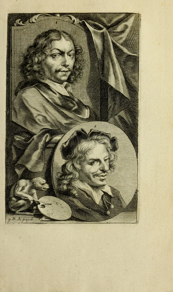 An illustration from De groote schouburgh der Nederlantsche konstschilders en schilderessen : waar van 'er veele met hunne beeltenissen ten tooneel verschynen, en hun levensgedrag en konstwerken beschreven worden : zynde een vervolg op het Schilderboek van K. v. Mander ..., 1753, leaf 12