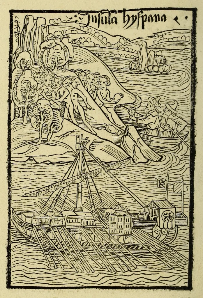 An illustration from De insulis inuentis : Epistola Cristoferi Colom (cui [a]etas nostra multu[m] debet: de insulis in mari Indico nup[er] inue[n]tis. Ad quas perquirendas octauo antea mense: auspicijs et [a]ere inuictissimi Fernandi Hispaniarum Regis missus fuerat) ad magnificum d[omi]n[u]m Raphaelez Sanxis ... missa., leaf 12