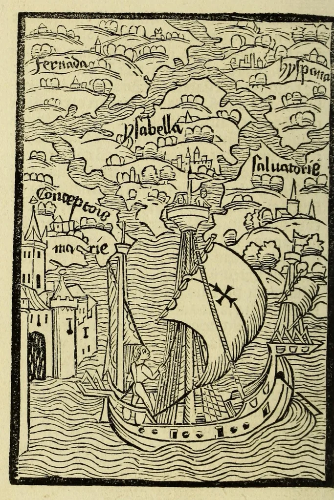 An illustration from De insulis inuentis : Epistola Cristoferi Colom (cui [a]etas nostra multu[m] debet: de insulis in mari Indico nup[er] inue[n]tis. Ad quas perquirendas octauo antea mense: auspicijs et [a]ere inuictissimi Fernandi Hispaniarum Regis missus fuerat) ad magnificum d[omi]n[u]m Raphaelez Sanxis ... missa., leaf 14